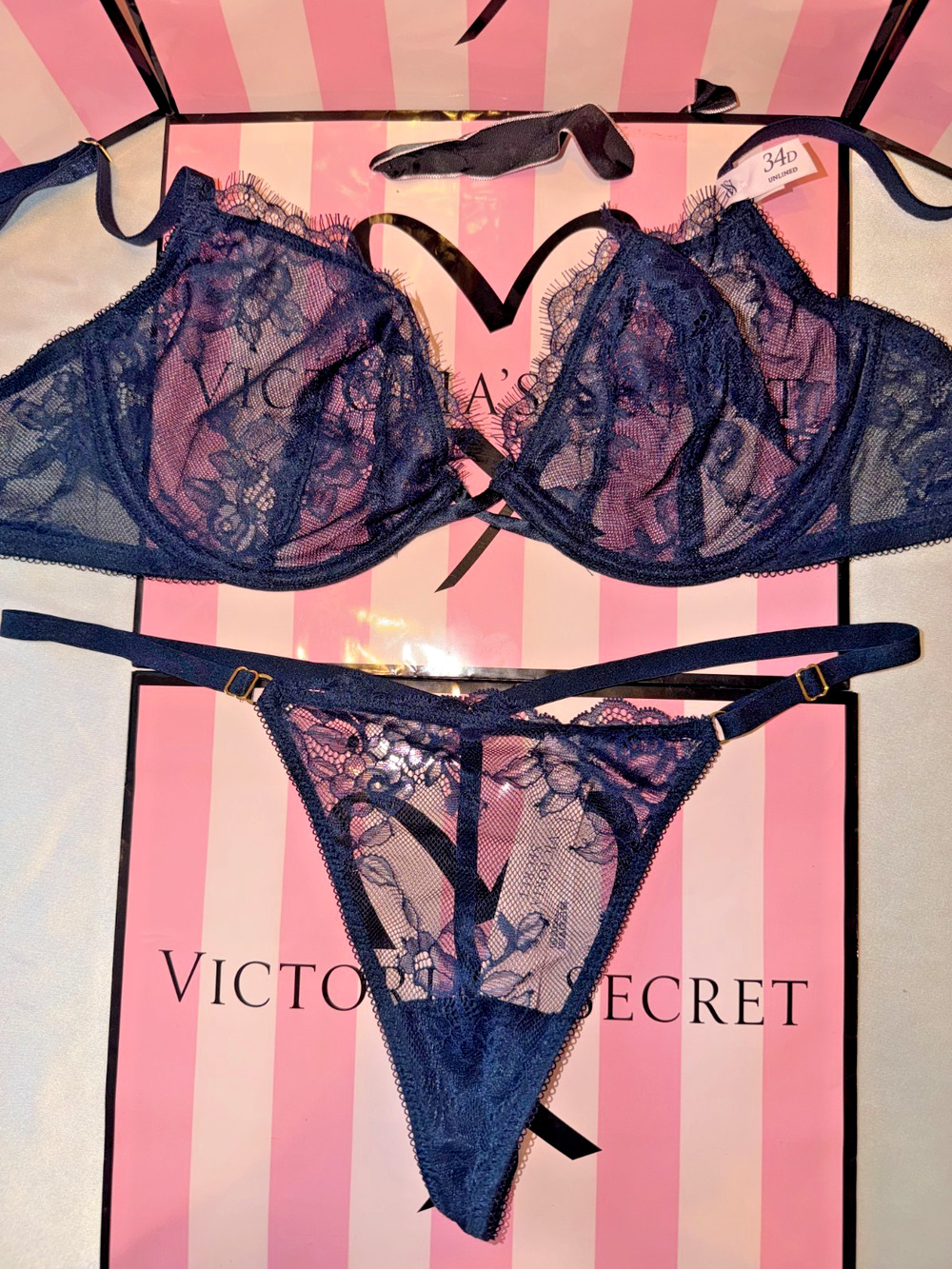 Victoria's Secret Unlined Bra & Thong Dark Blue 34D Medium Thong